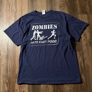 Zombies‎ Hate Fast Food Graphic T-Shirt Novelty Humor Dark Blue Mens Large